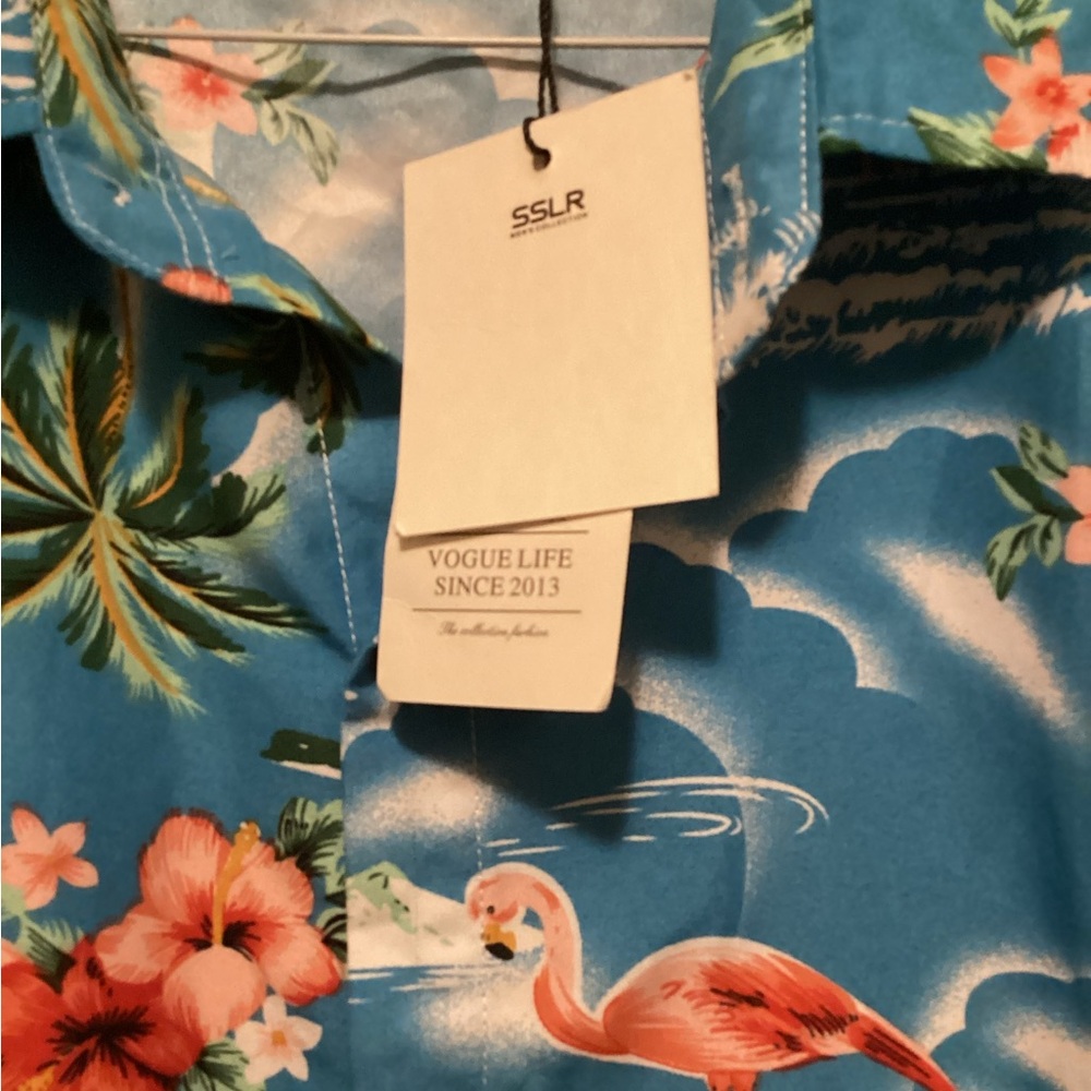SSLR Blue Flamingo Print Short-Sleeve Button-Down Shirt. B12 - Picture 3 of 7